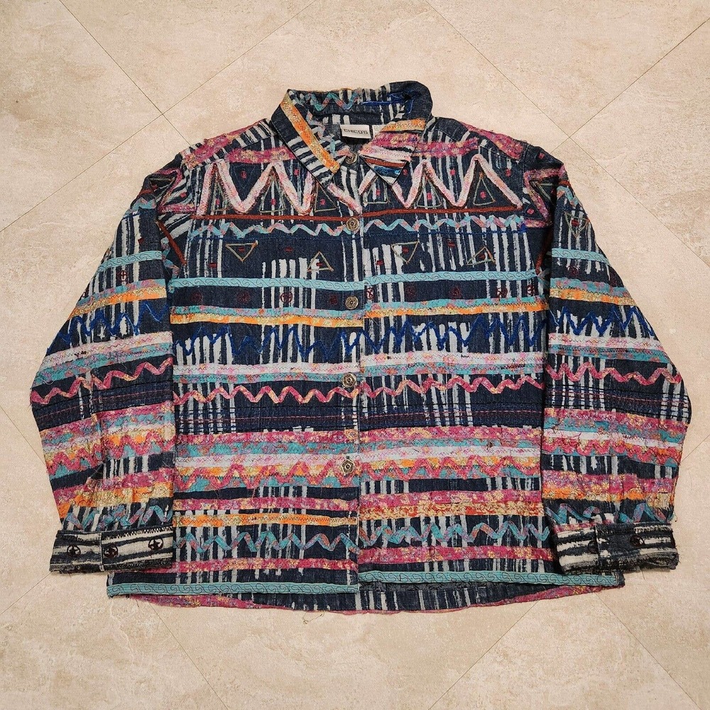 Chico's Womens Size 2 Embroidered Western Colorful‎ Art Soft Denim Button Jacket - Picture 2 of 10